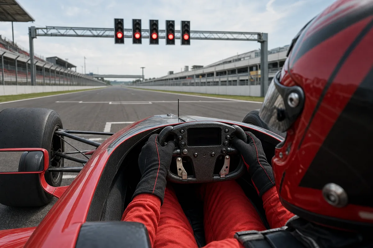 Generic open-wheel racing driver holding steering wheel clutch paddles beneath five red start lights