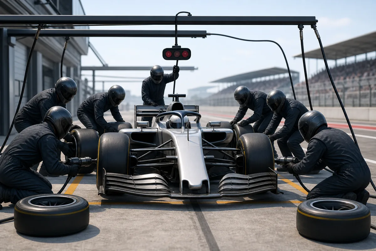 Formula racing car in a pit box while mechanics complete a fast tyre change