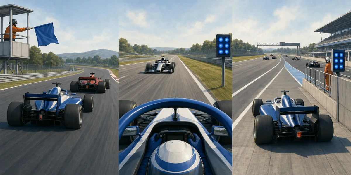 Editorial triptych showing blue flags during an F1 race, a fast practice lap, and at pit exit