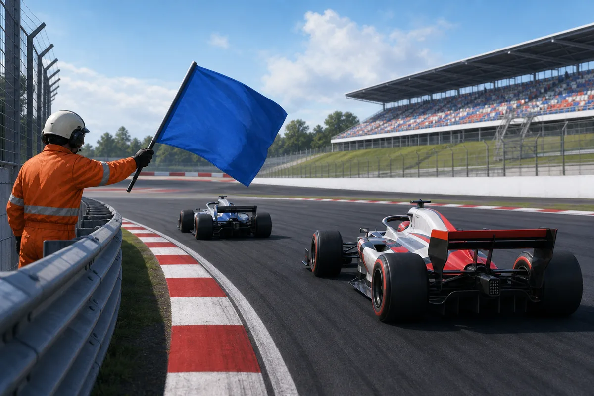 Editorial illustration of a marshal showing a blue flag as a faster open-wheel car approaches a lapped car