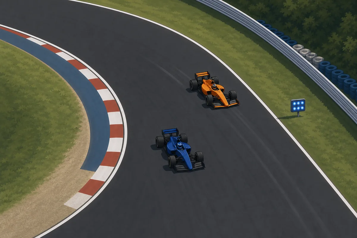 Overhead editorial illustration of a lapped open-wheel car yielding predictably while a faster car passes