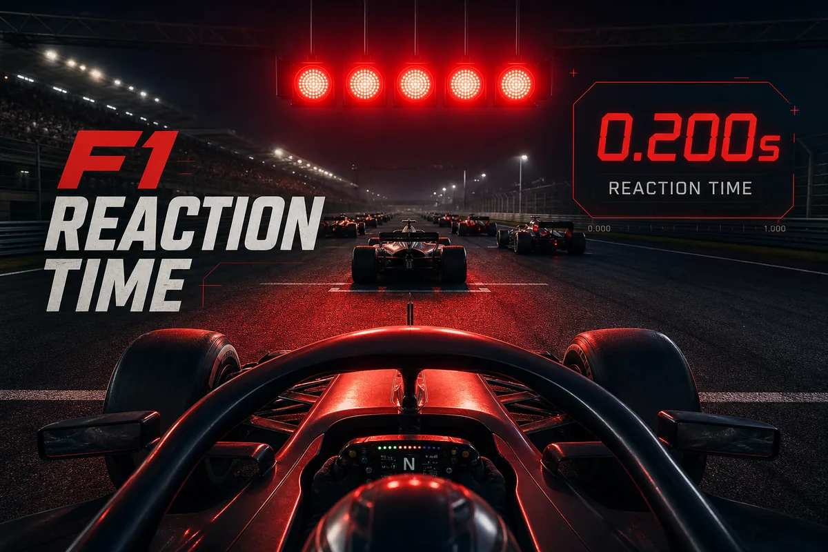 F1 start lights with reaction time in milliseconds overlay