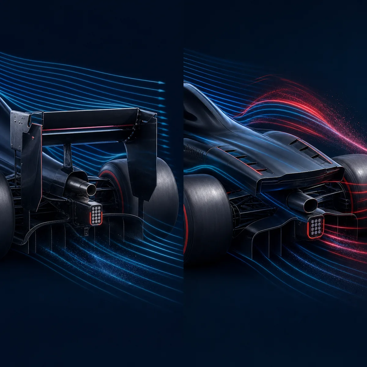 Text-free editorial comparison of an open rear-wing flap and a modern active aerodynamic F1 rear bodywork concept