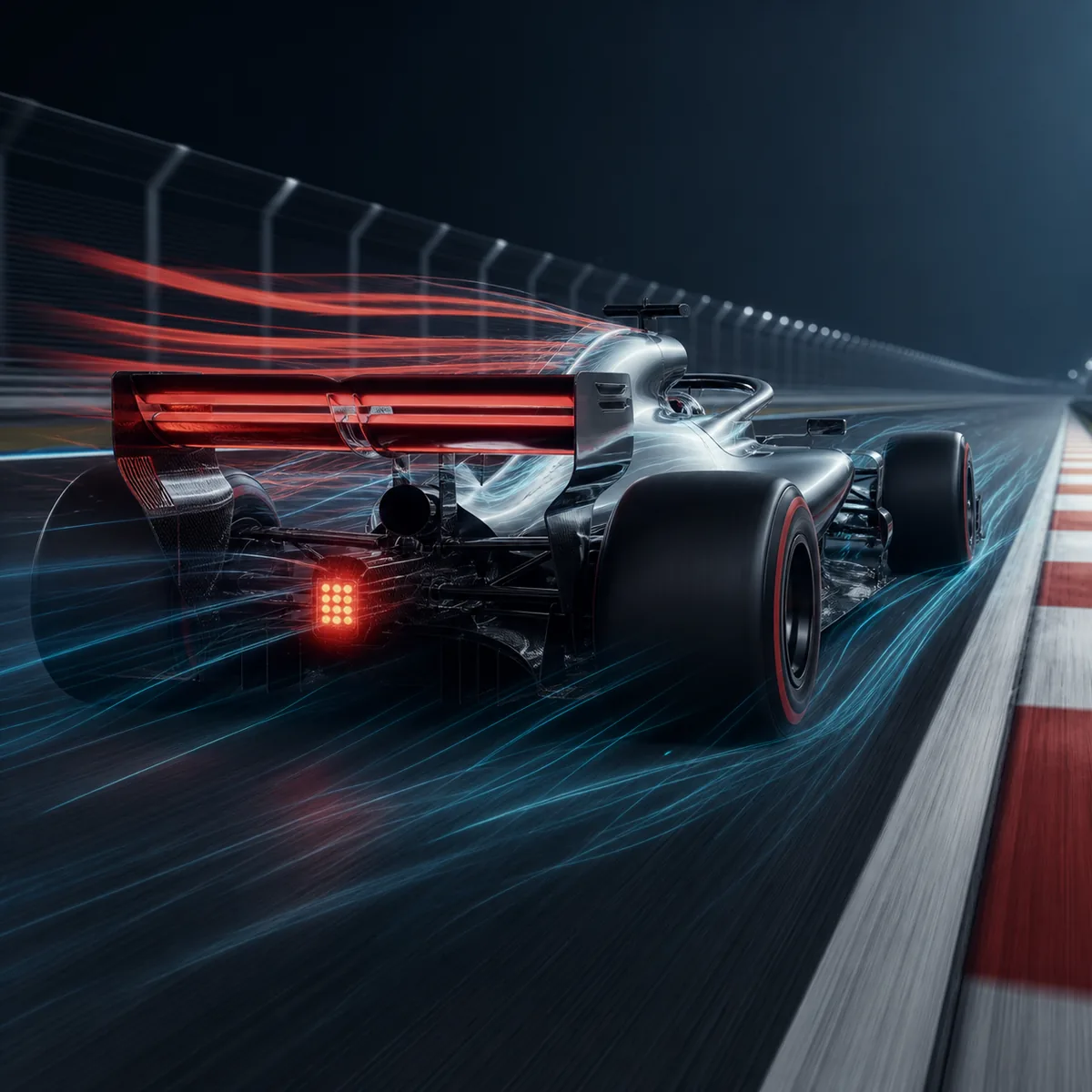 Editorial illustration of a generic Formula 1 car accelerating with airflow around its rear wing