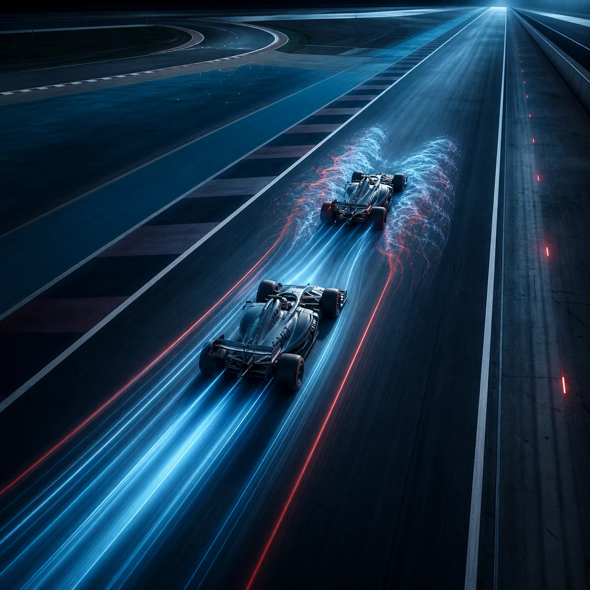 Two generic Formula 1 cars approaching an overtaking opportunity on a long straight with airflow trails