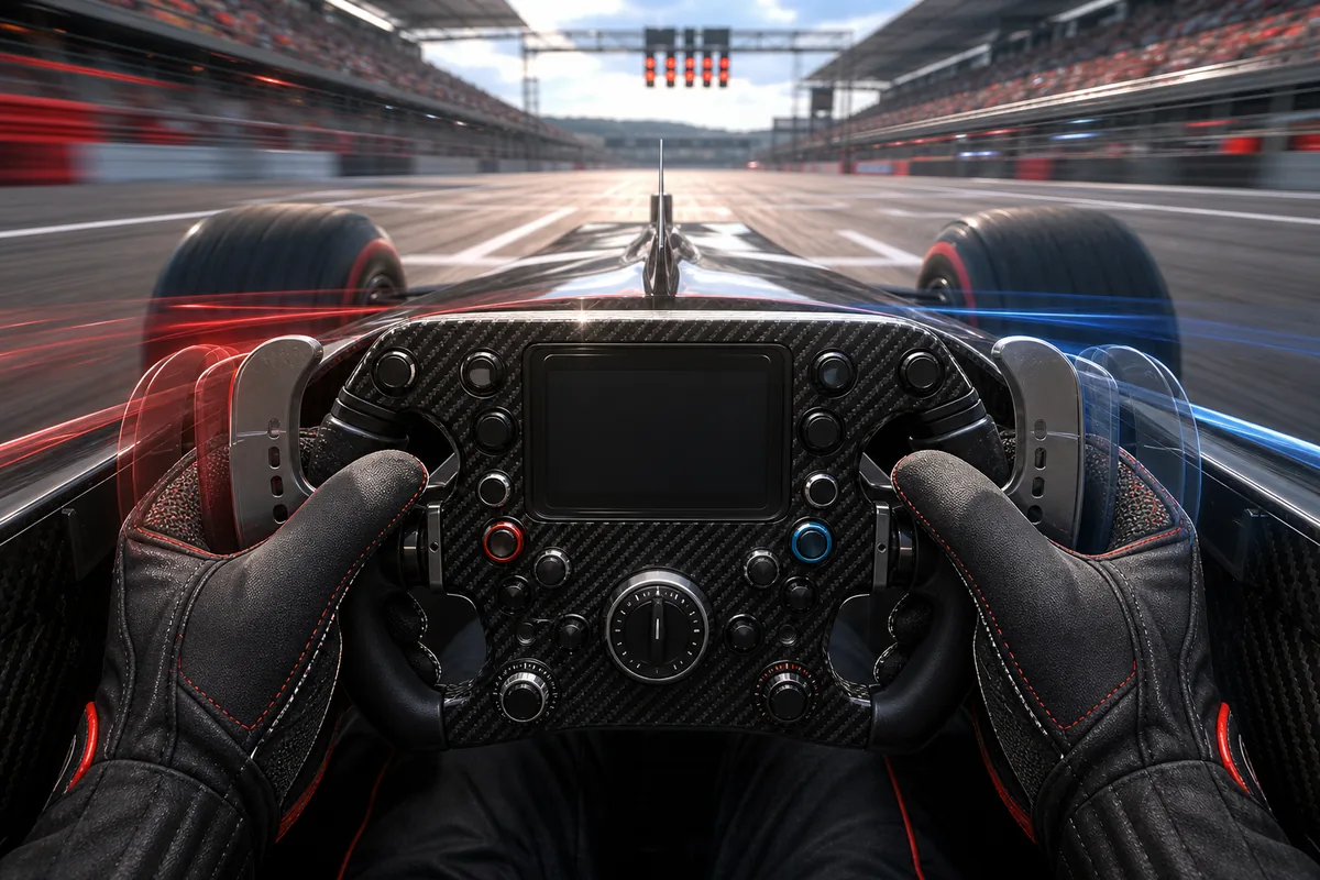Illustration of dual clutch paddles behind a generic open-wheel racing steering wheel during launch