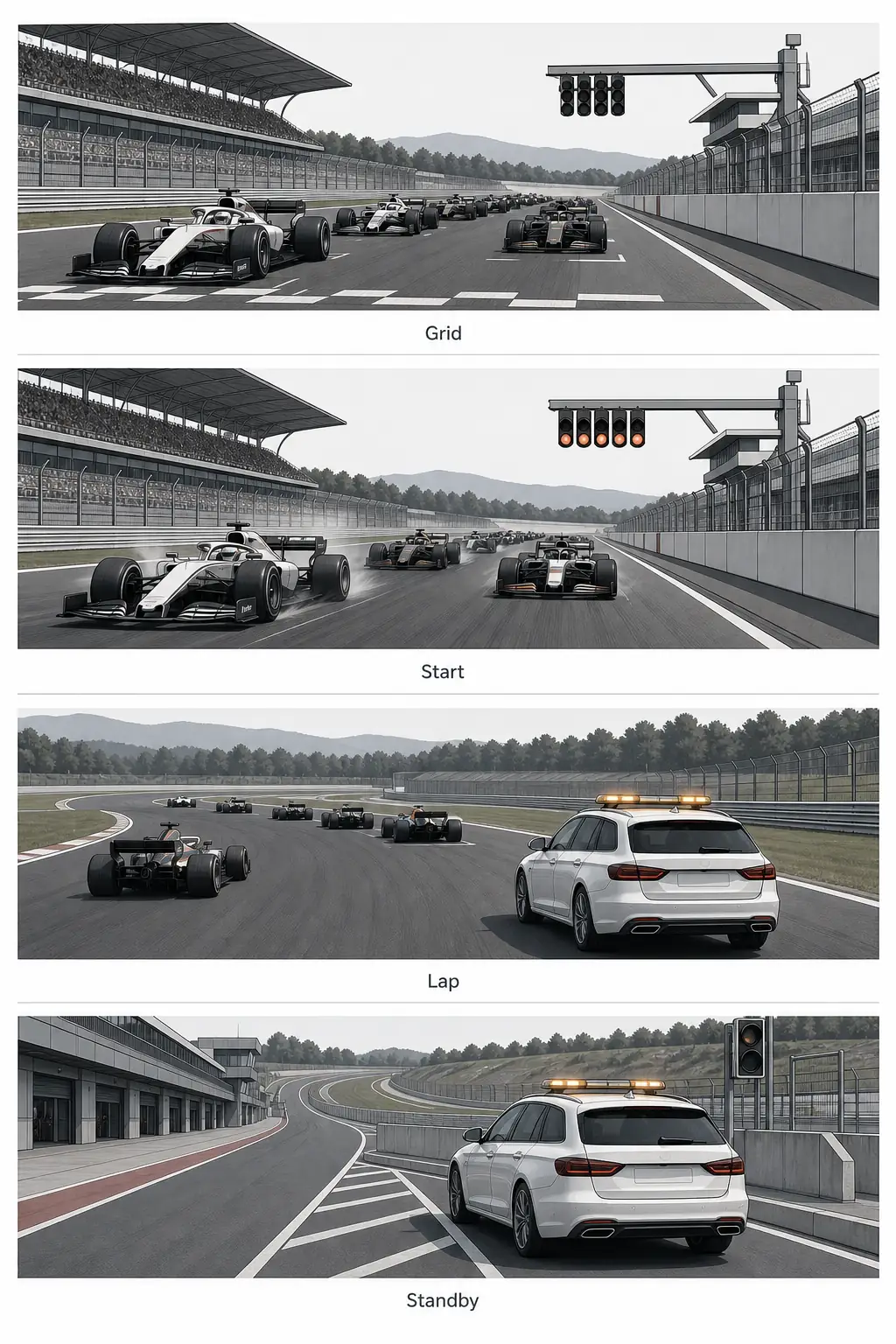 Four-step timeline showing grid, start, first lap support car follow, and standby after the opening lap