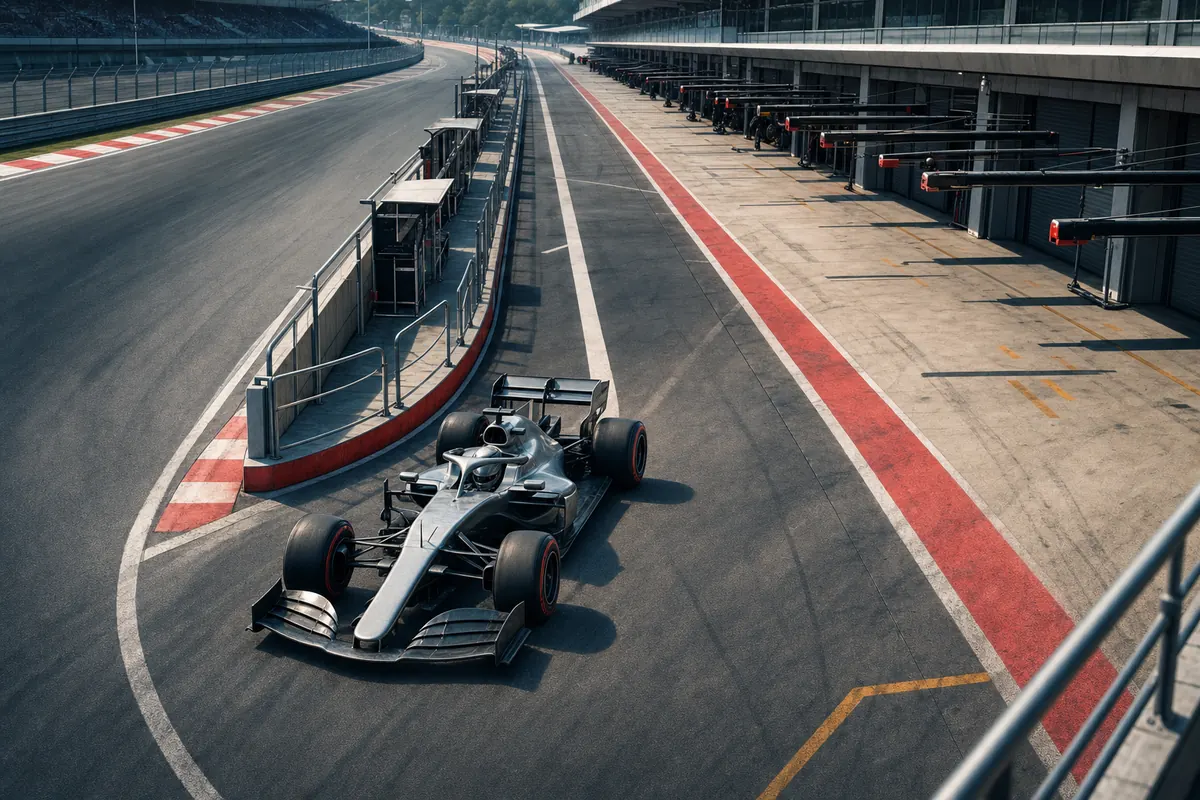 Editorial illustration of a generic open-wheel car driving through a Formula 1-style pit lane