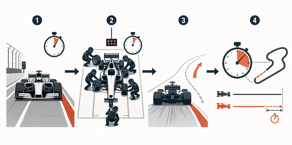 Pit stop timing flow in a pit box while mechanics complete a fast tyre change