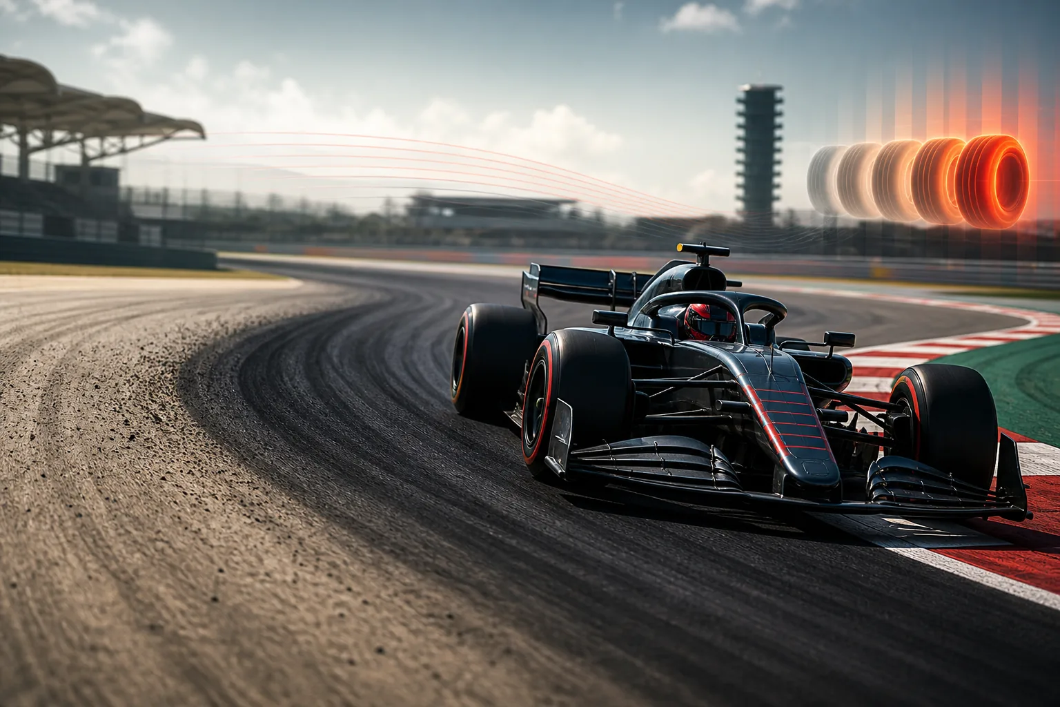 Formula 1 car on a rubbered-in racing line as track grip and tyre temperature build during qualifying