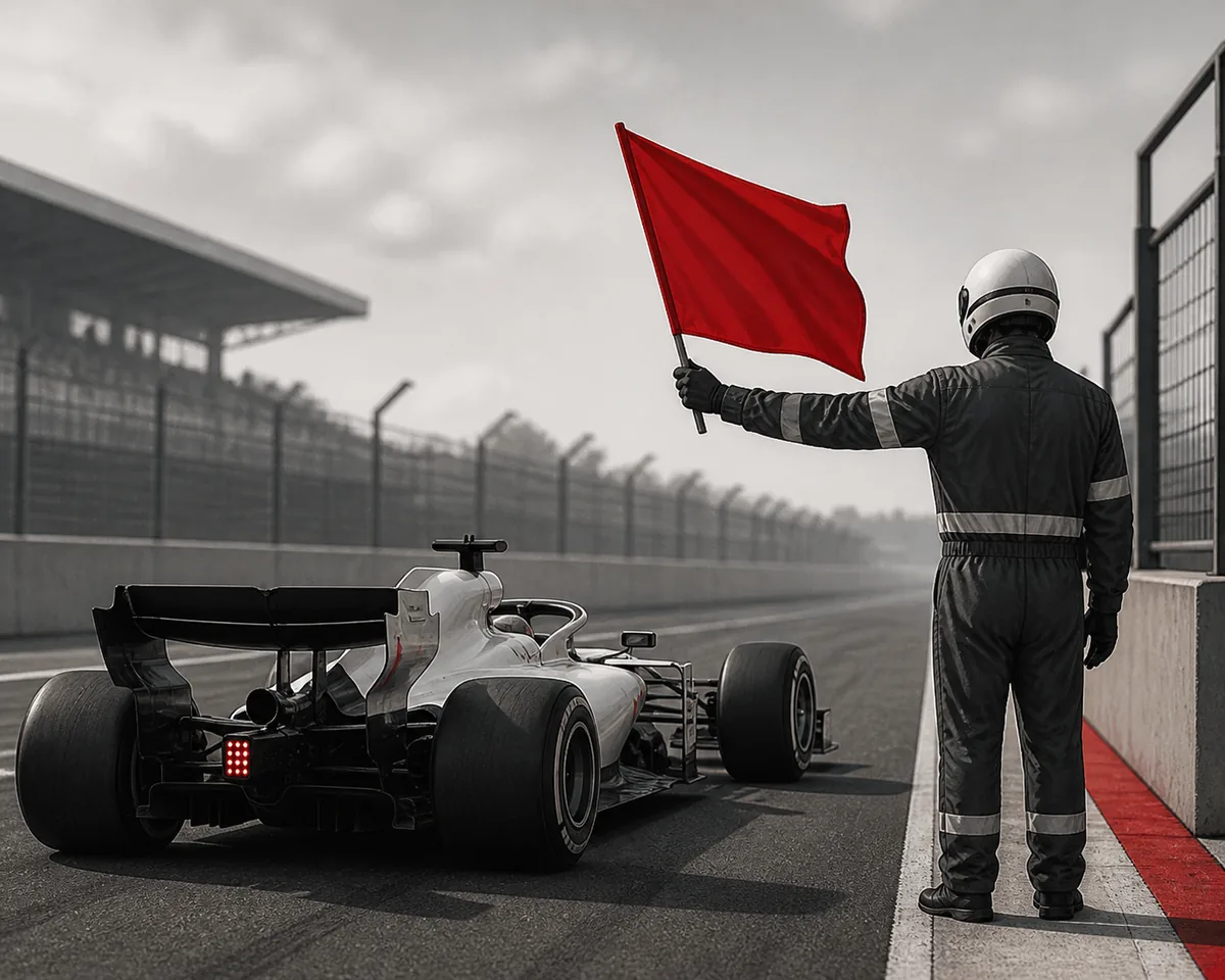Editorial illustration of an F1 marshal holding a red flag beside a stopped open-wheel race car