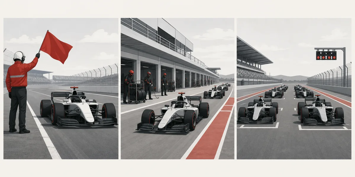 Three-stage editorial diagram showing an F1 red flag, controlled pit-lane preparation and a grid ready to resume