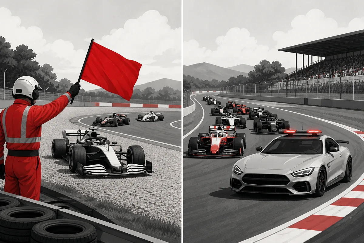 Editorial comparison of an F1 red flag suspension and a Safety Car leading a bunched field