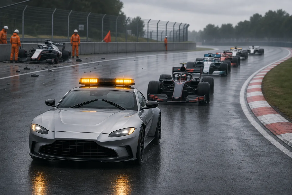 Editorial illustration of a Formula 1 safety car leading a queue of race cars on a wet circuit