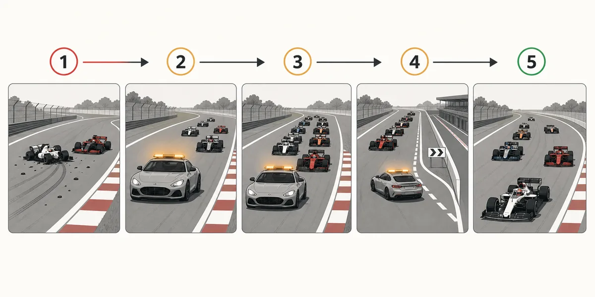 Five-step editorial diagram showing an F1 incident, safety car deployment, field compression and restart