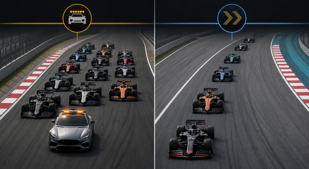 Editorial comparison of a physical F1 safety car period and a virtual safety car period