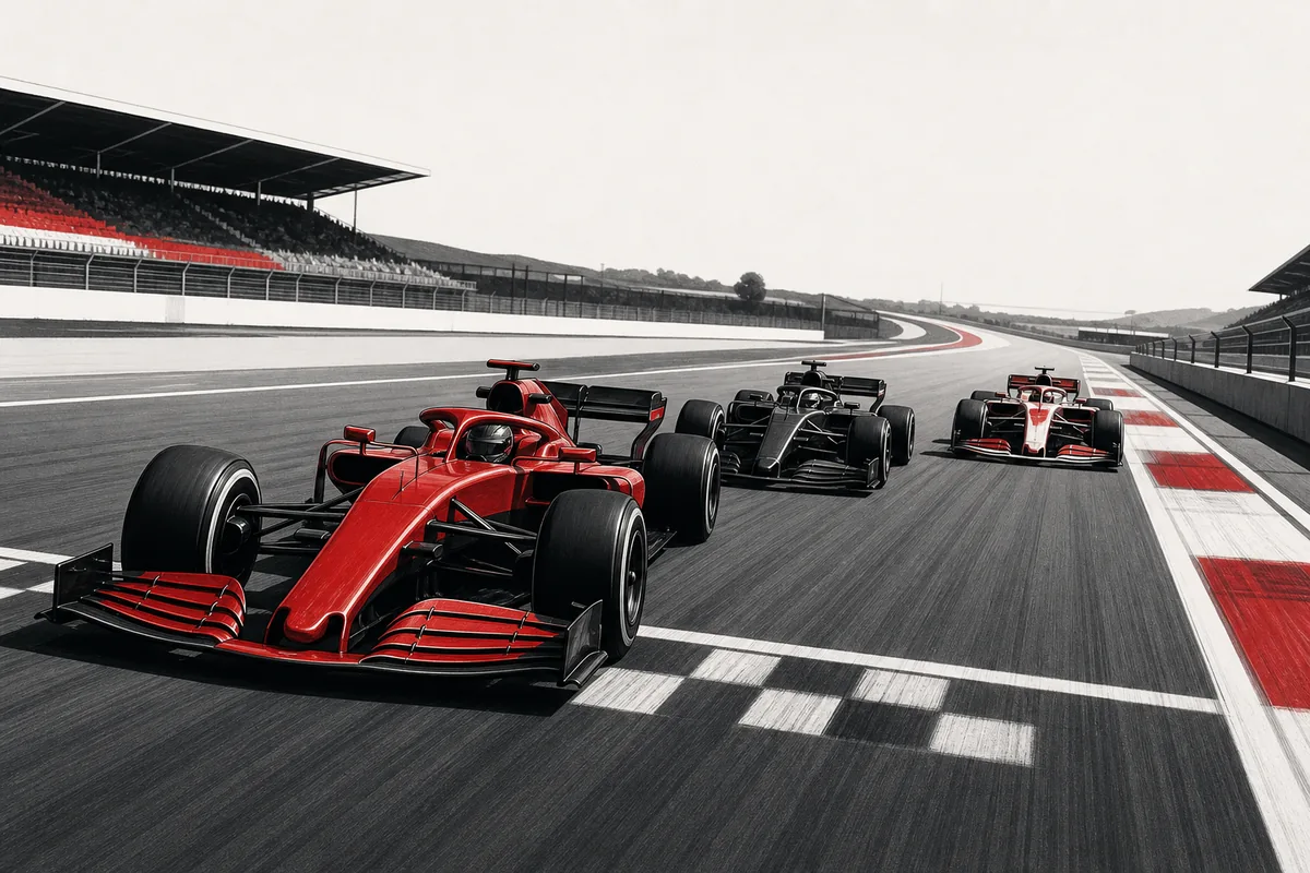 Three Formula 1 style cars racing together on a circuit