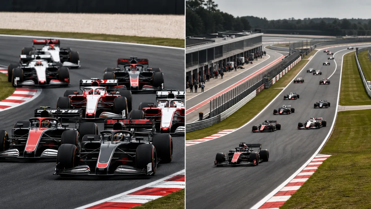 Editorial comparison of a compact F1 sprint pack and a spread-out Grand Prix field