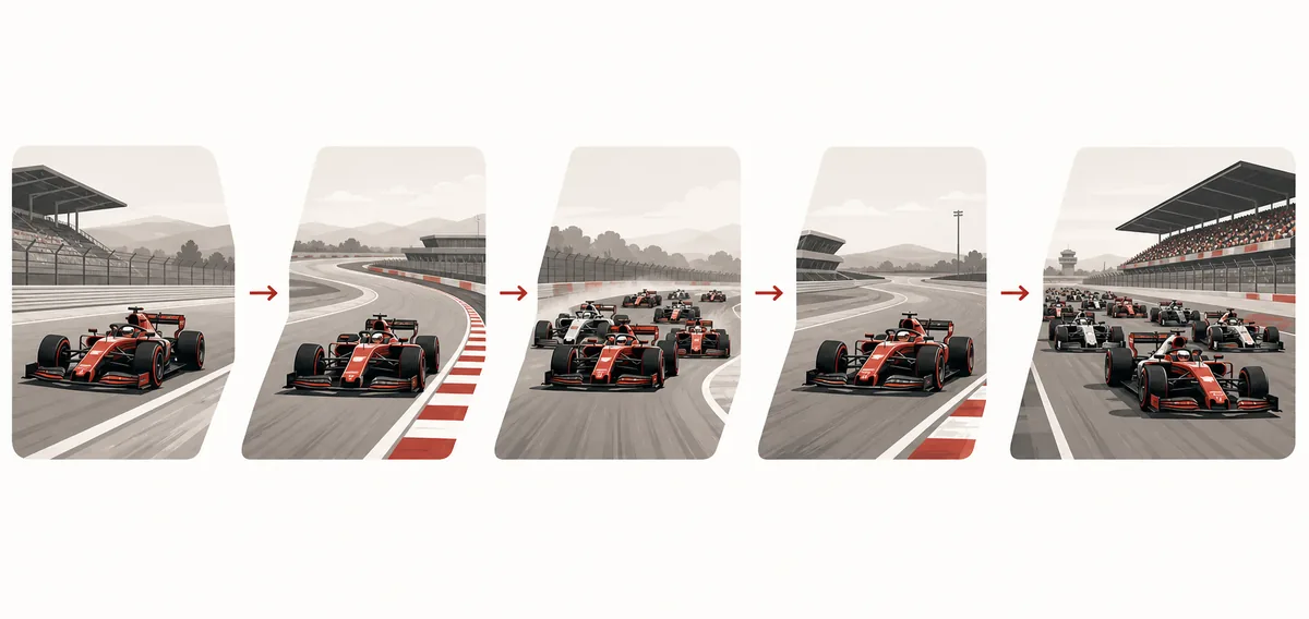 Five connected circuit scenes showing the flow of an F1 sprint weekend