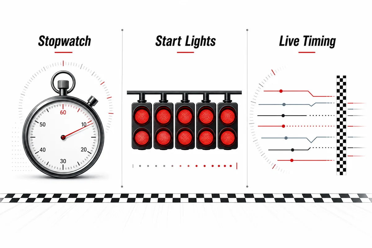 Editorial comparison of an F1 stopwatch, start lights reaction timer, and live timing