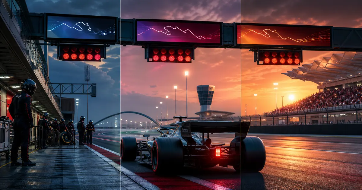 Formula 1 car leaving the pit lane during a qualifying session with timing screens in the background